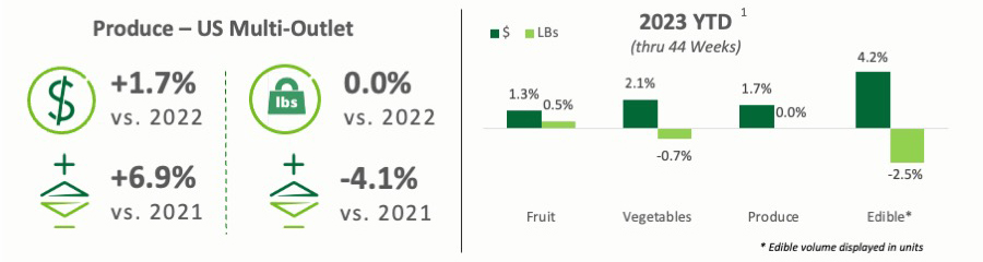 Bar graph of 2023 YTD of produce broken down by dollars and lbs.