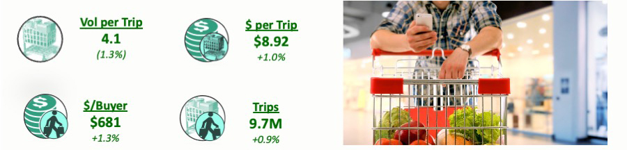 Statistics broken down by volume per trip, dollars per trip, dollars per buyer, and trips.