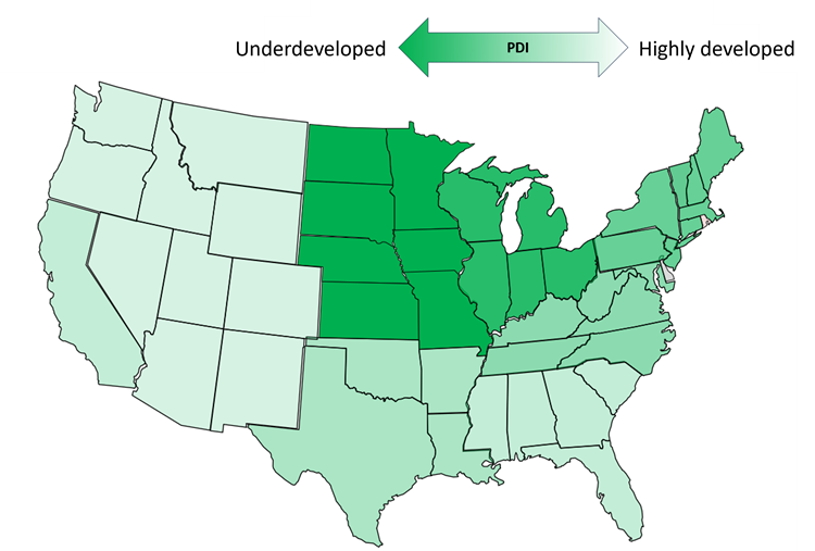 Map of the United States - Shaded by level of development