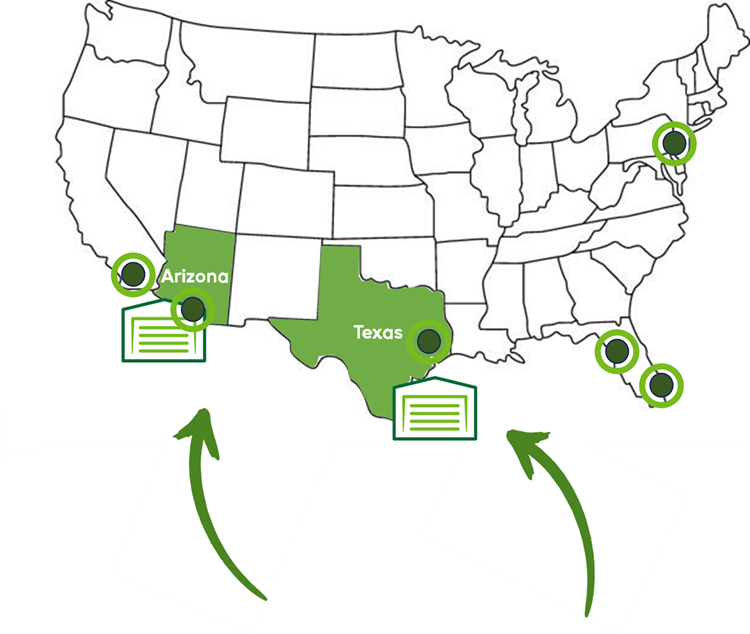 Map of the United States - highlighting Arizona and Texas