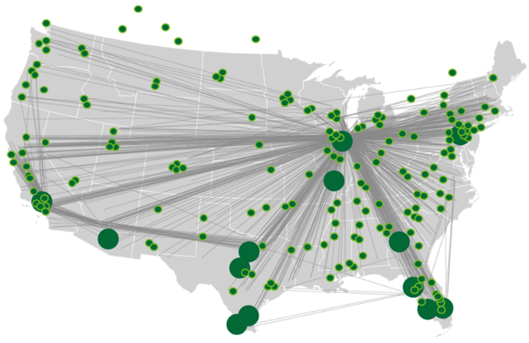 Map of the United States - Pin pointing major cities